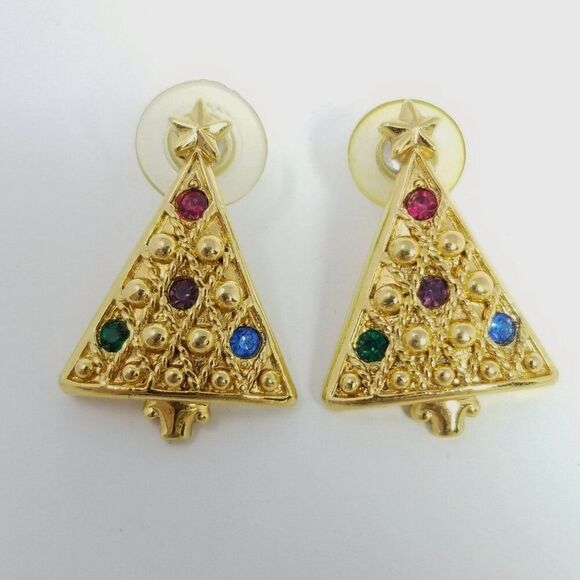 Vintage Christmas Tree Stud Earrings, Gold Tone Colorful Rhinestones, Estate - Picture 1 of 6